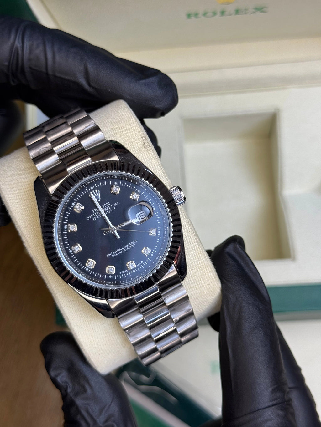 Rolex Oyster Perpetual | Silver Chain Black Dial | Premium Quality